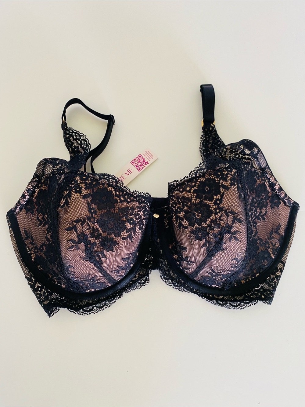 Adore Me Black Floral Lace Overlay Bra on Blush 36DDD New NWT